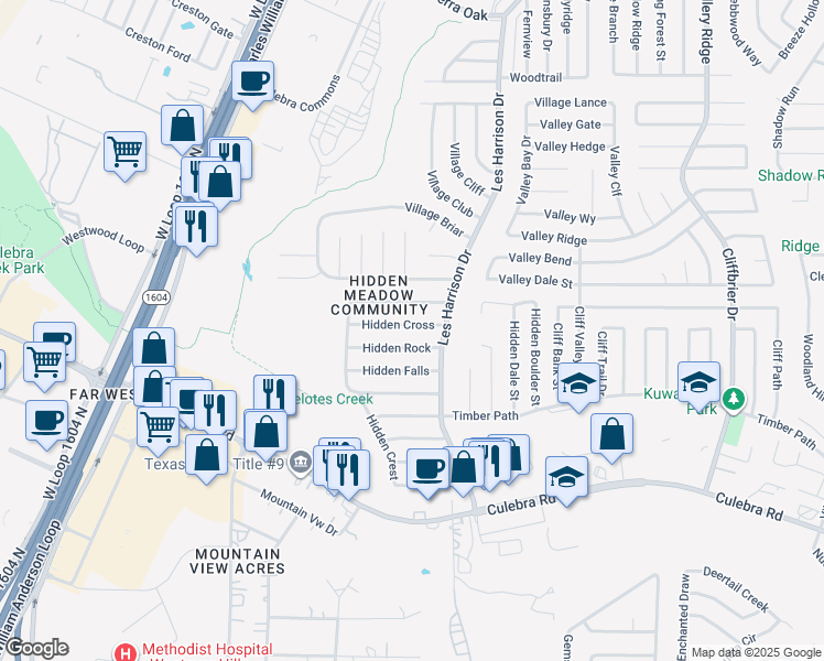 map of restaurants, bars, coffee shops, grocery stores, and more near 9710 Hidden Cross in San Antonio