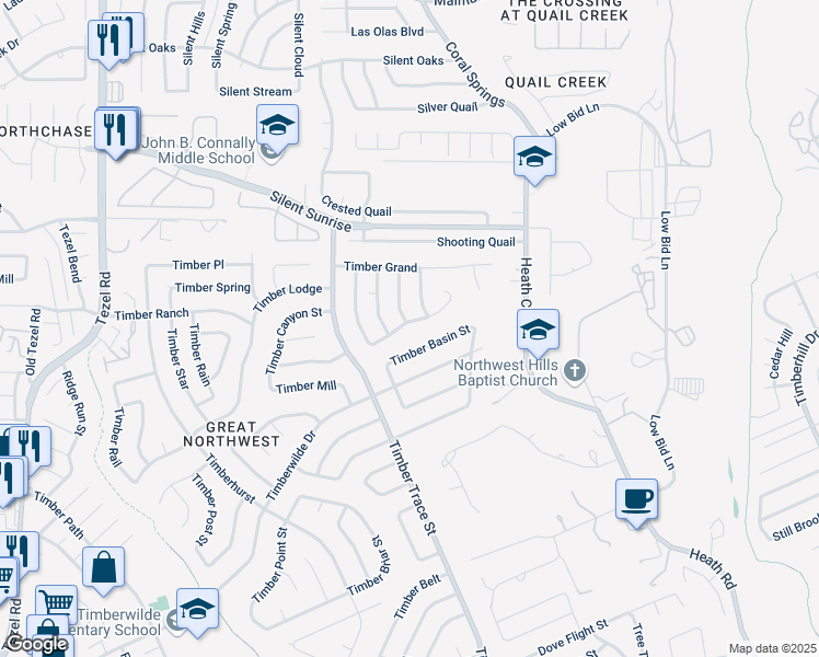 map of restaurants, bars, coffee shops, grocery stores, and more near 8354 Timber Cabin in San Antonio