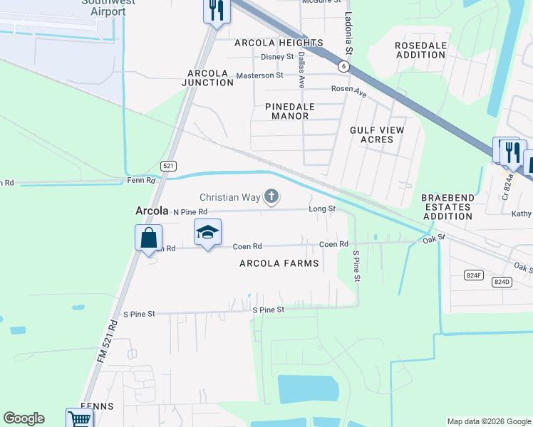 map of restaurants, bars, coffee shops, grocery stores, and more near 546 North Pine Street in Rosharon