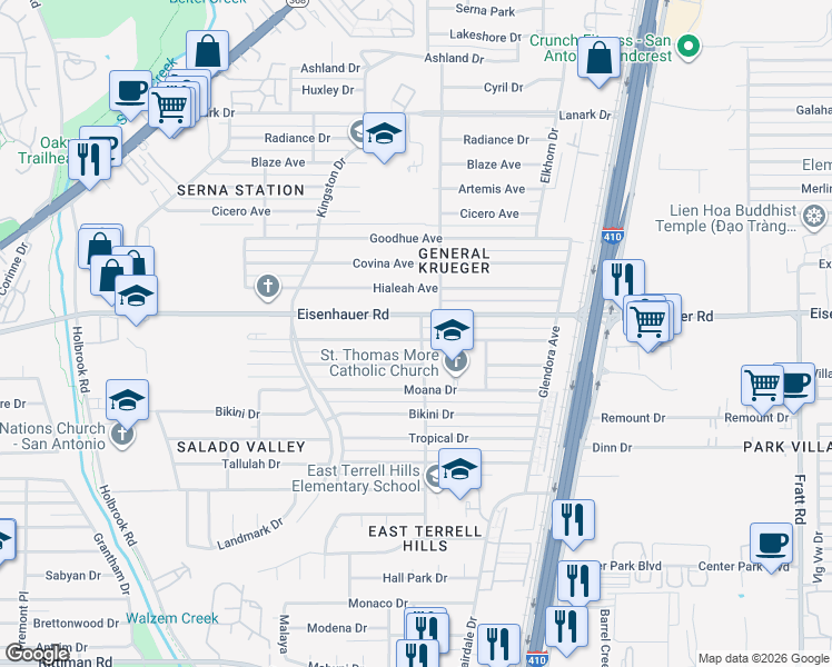 map of restaurants, bars, coffee shops, grocery stores, and more near 4343 Diamondhead Drive in San Antonio