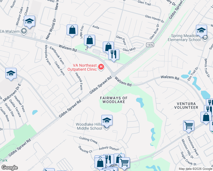 map of restaurants, bars, coffee shops, grocery stores, and more near 7103 Winding Shelf in San Antonio
