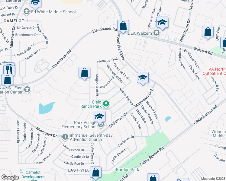 map of restaurants, bars, coffee shops, grocery stores, and more near 6138 Plumbago Place in San Antonio