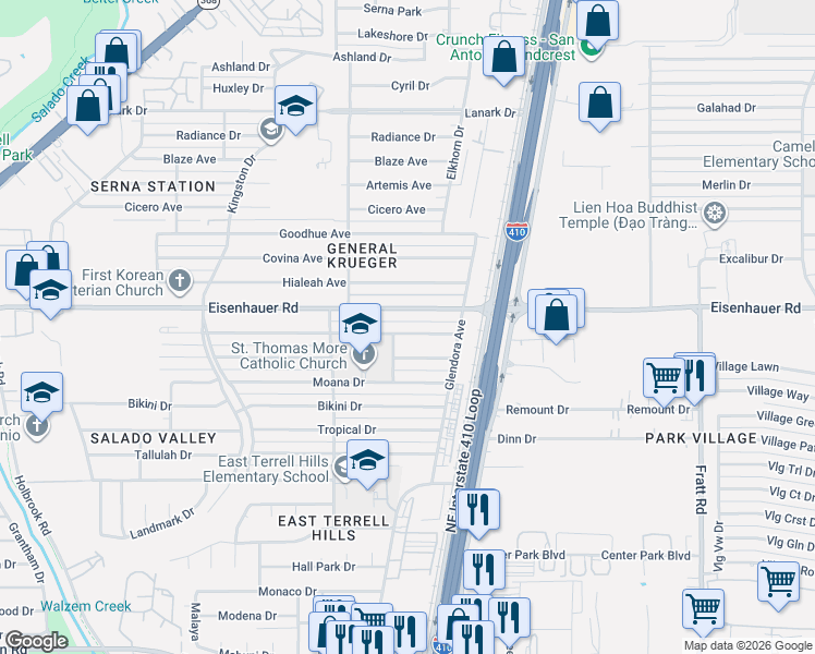 map of restaurants, bars, coffee shops, grocery stores, and more near 4507 Diamondhead Drive in San Antonio