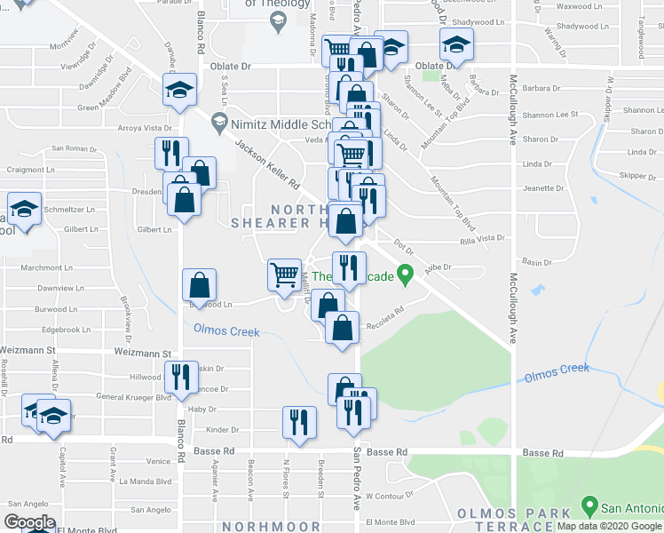 map of restaurants, bars, coffee shops, grocery stores, and more near 116 Nova Mae Drive in San Antonio