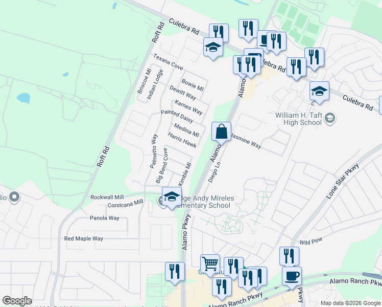 map of restaurants, bars, coffee shops, grocery stores, and more near 12107 Dawson Circle in San Antonio