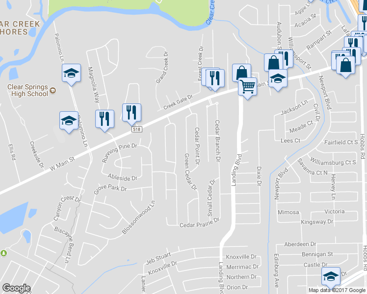 map of restaurants, bars, coffee shops, grocery stores, and more near 311 Green Cedar Drive in League City