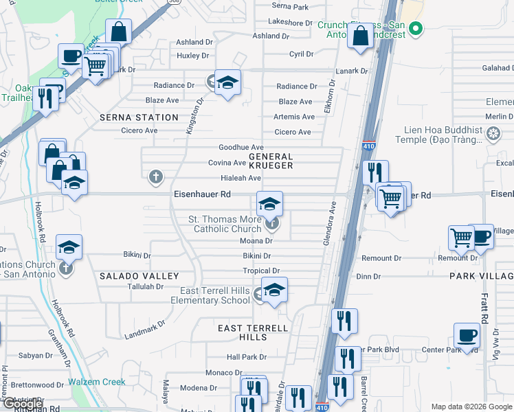 map of restaurants, bars, coffee shops, grocery stores, and more near 4343 Diamondhead Drive in San Antonio