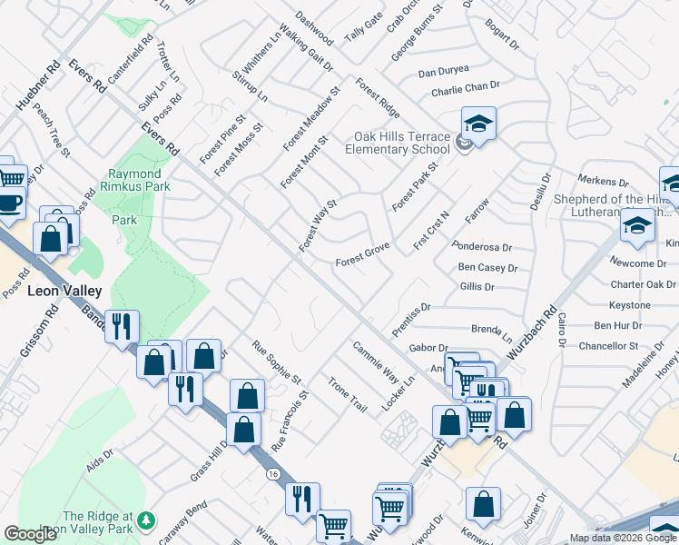 map of restaurants, bars, coffee shops, grocery stores, and more near 6134 Forest View in San Antonio
