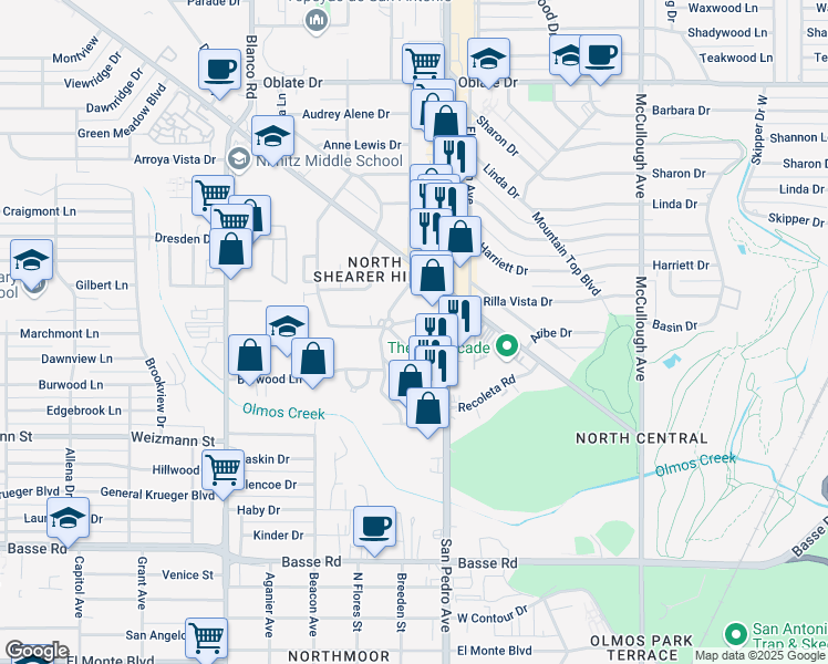 map of restaurants, bars, coffee shops, grocery stores, and more near 116 Nova Mae Drive in San Antonio