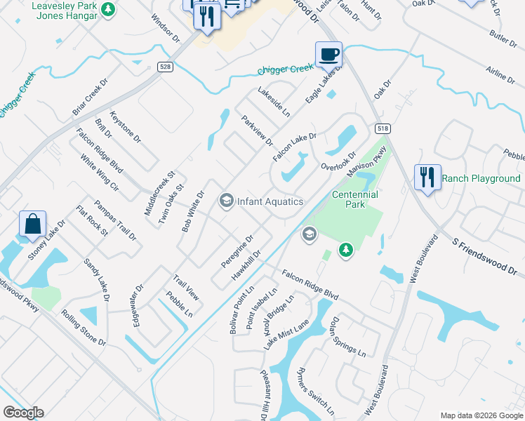 map of restaurants, bars, coffee shops, grocery stores, and more near 905 High Ridge Drive in Friendswood