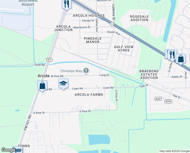 map of restaurants, bars, coffee shops, grocery stores, and more near 722 North Pine Road in Rosharon
