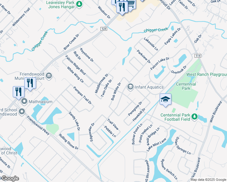 map of restaurants, bars, coffee shops, grocery stores, and more near 1202 Bob White Drive in Friendswood