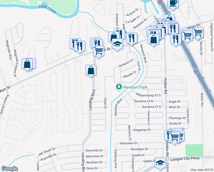 map of restaurants, bars, coffee shops, grocery stores, and more near 504 Dixie Drive in League City