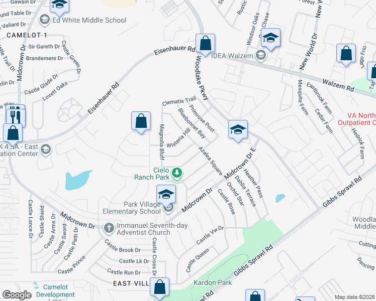 map of restaurants, bars, coffee shops, grocery stores, and more near 6138 Plumbago Place in San Antonio