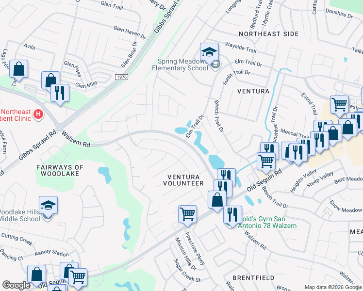 map of restaurants, bars, coffee shops, grocery stores, and more near 7112 Elk Trail in San Antonio