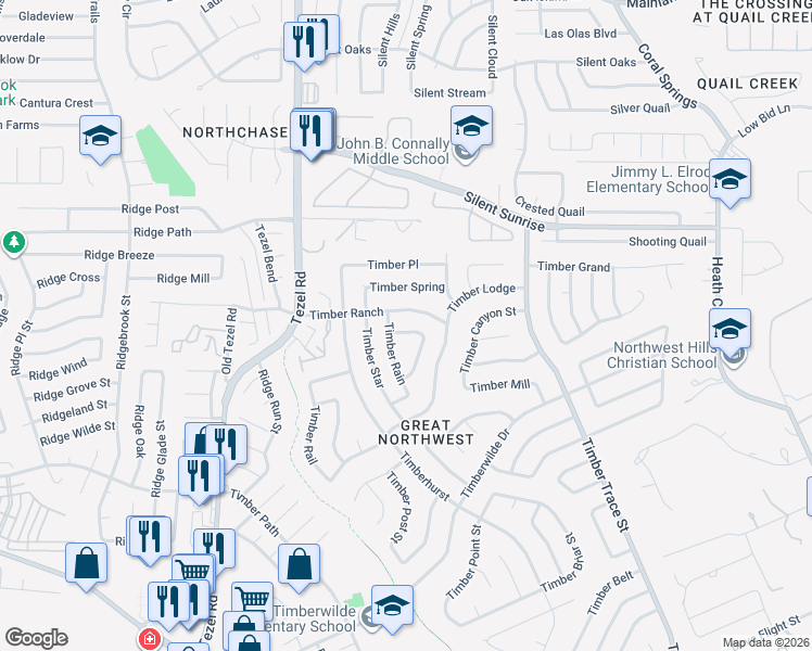 map of restaurants, bars, coffee shops, grocery stores, and more near 8623 Timberlight in San Antonio