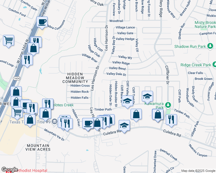 map of restaurants, bars, coffee shops, grocery stores, and more near 5971 Hidden Dale Street in San Antonio