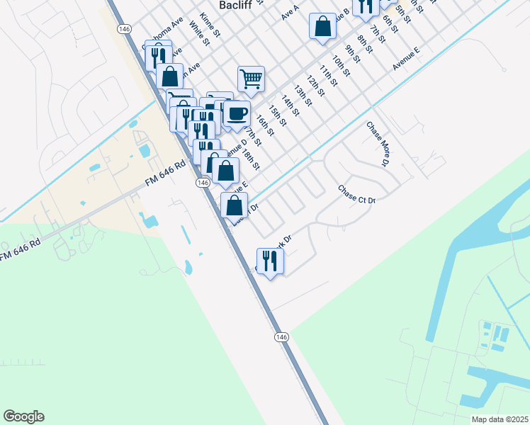 map of restaurants, bars, coffee shops, grocery stores, and more near 4815 Moody Reef Drive in Bacliff