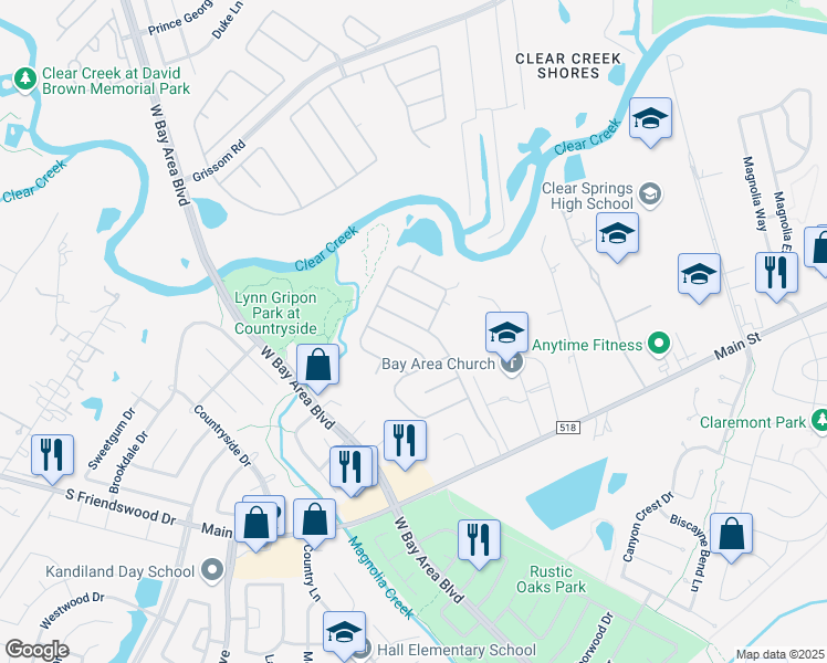 map of restaurants, bars, coffee shops, grocery stores, and more near 305 Oak Creek Drive in League City