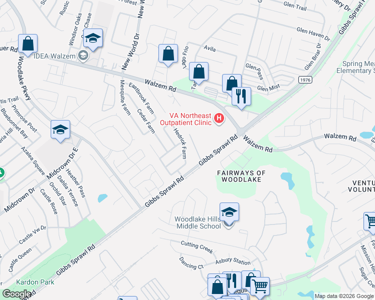 map of restaurants, bars, coffee shops, grocery stores, and more near 7702 Hedrick Farm in San Antonio