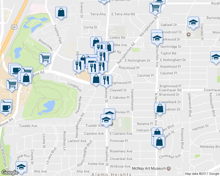map of restaurants, bars, coffee shops, grocery stores, and more near 109 Claywell Drive in San Antonio