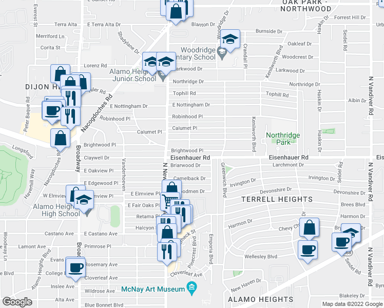 map of restaurants, bars, coffee shops, grocery stores, and more near 502 Brightwood Place in San Antonio