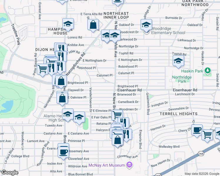 map of restaurants, bars, coffee shops, grocery stores, and more near 271 Claywell Drive in San Antonio