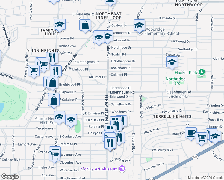 map of restaurants, bars, coffee shops, grocery stores, and more near 410 Brightwood Place in San Antonio