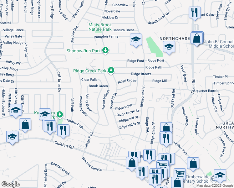 map of restaurants, bars, coffee shops, grocery stores, and more near 9251 Ridge Town in San Antonio