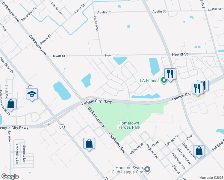 map of restaurants, bars, coffee shops, grocery stores, and more near 1612 Lansing Lane in League City