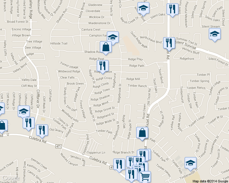 map of restaurants, bars, coffee shops, grocery stores, and more near 9200 Ridge Town in San Antonio