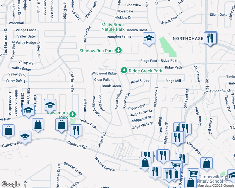 map of restaurants, bars, coffee shops, grocery stores, and more near 6443 Forest Village in San Antonio