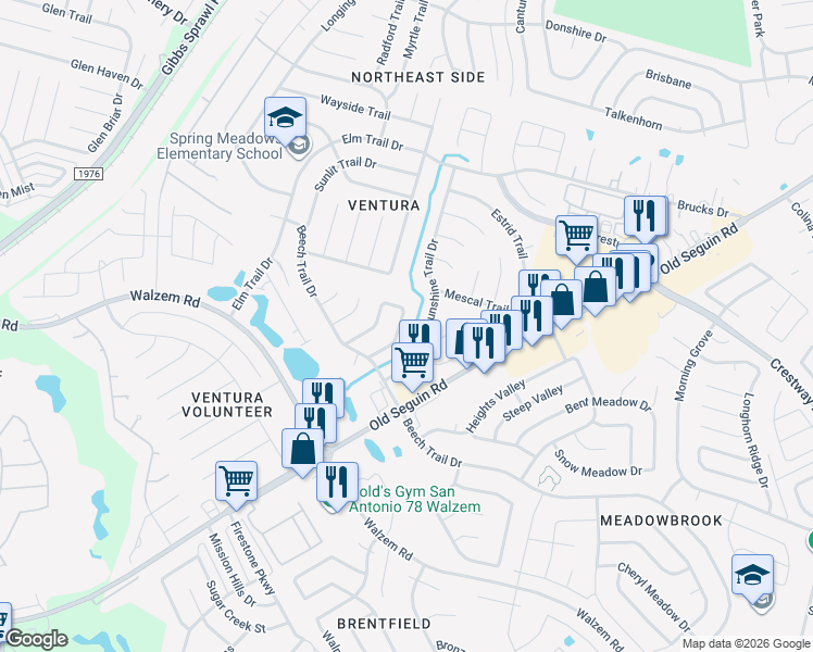 map of restaurants, bars, coffee shops, grocery stores, and more near 8032 Dove Trail Drive in San Antonio