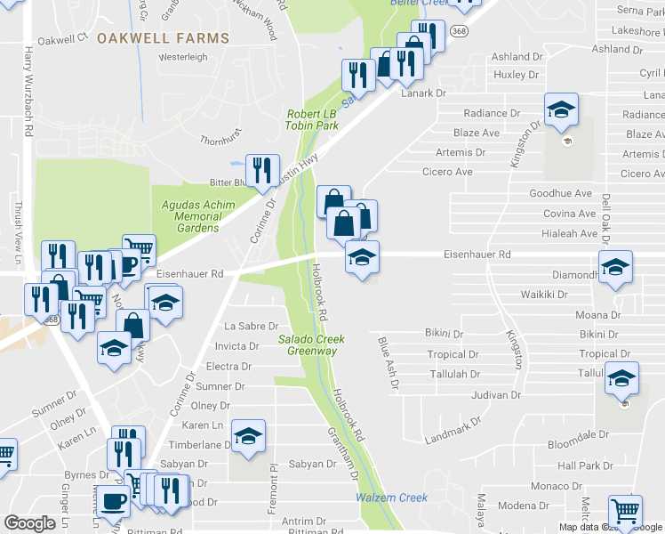 map of restaurants, bars, coffee shops, grocery stores, and more near 3900 Eisenhauer Road in San Antonio