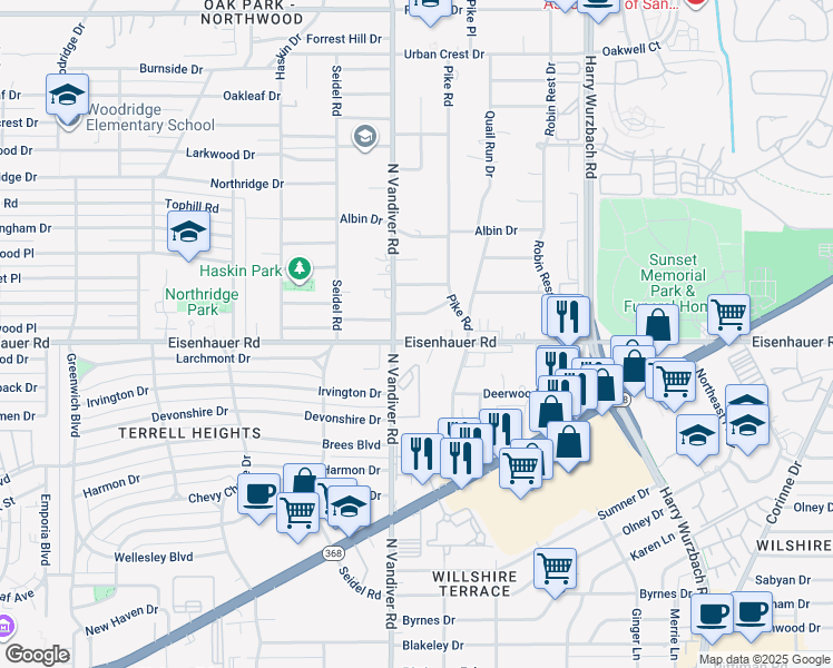 map of restaurants, bars, coffee shops, grocery stores, and more near 39 Eisenhauer Road in San Antonio