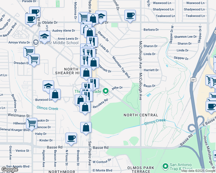 map of restaurants, bars, coffee shops, grocery stores, and more near 132 Dot Drive in San Antonio