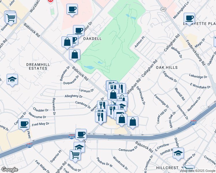 map of restaurants, bars, coffee shops, grocery stores, and more near 1751 Babcock Road in San Antonio