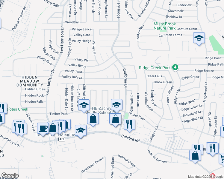 map of restaurants, bars, coffee shops, grocery stores, and more near 9223 Cliff Haven Drive in San Antonio