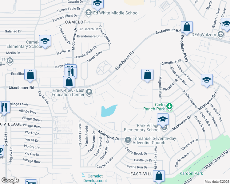 map of restaurants, bars, coffee shops, grocery stores, and more near 5710 Tranquil Dawn in San Antonio