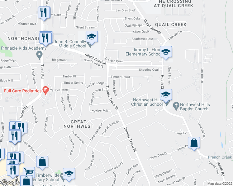 map of restaurants, bars, coffee shops, grocery stores, and more near 5514 Timber Bark in San Antonio