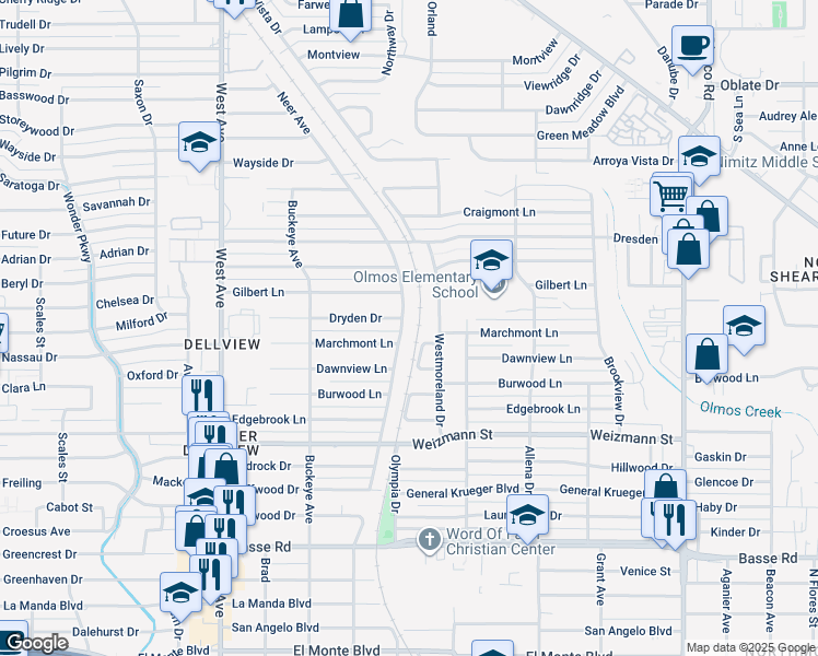 map of restaurants, bars, coffee shops, grocery stores, and more near 4514 Neer Ave in San Antonio