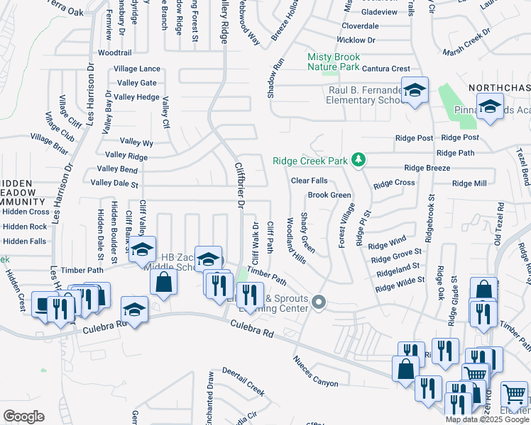 map of restaurants, bars, coffee shops, grocery stores, and more near 5875 Cliff Path in San Antonio