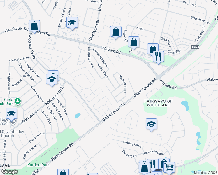 map of restaurants, bars, coffee shops, grocery stores, and more near 7426 Circle Farm in San Antonio