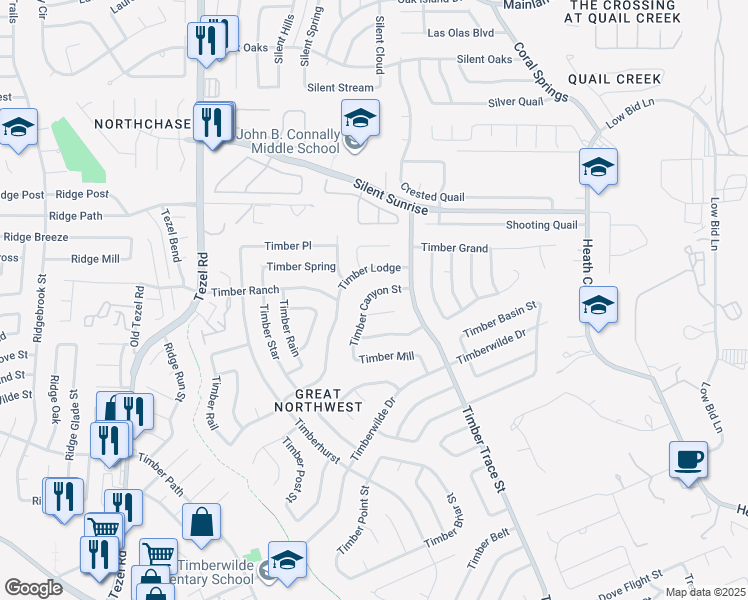 map of restaurants, bars, coffee shops, grocery stores, and more near 5518 Timber Canyon Street in San Antonio