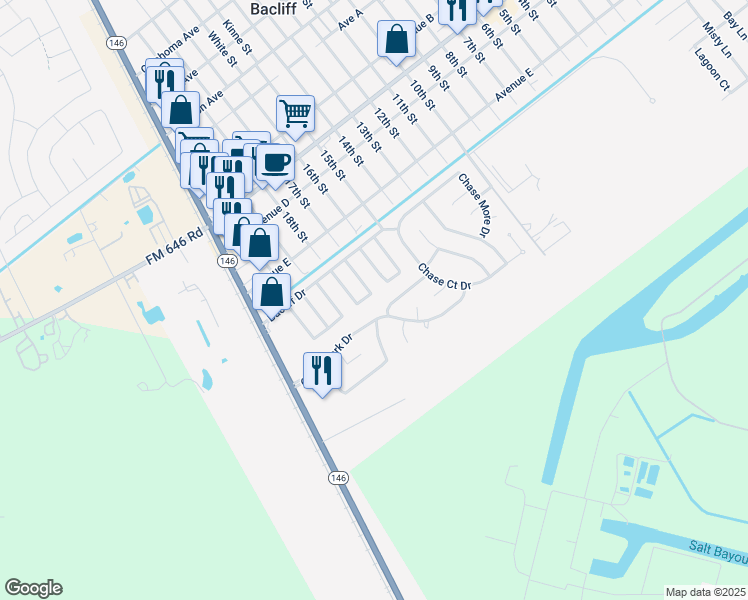 map of restaurants, bars, coffee shops, grocery stores, and more near 946 Chase Lock Drive in Bacliff