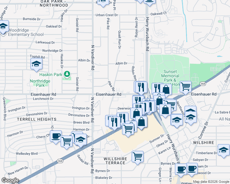 map of restaurants, bars, coffee shops, grocery stores, and more near 3085 Eisenhauer Road in San Antonio