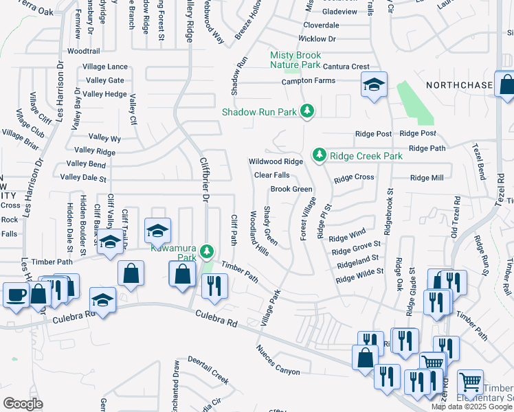 map of restaurants, bars, coffee shops, grocery stores, and more near 9627 Woodland Hills in San Antonio