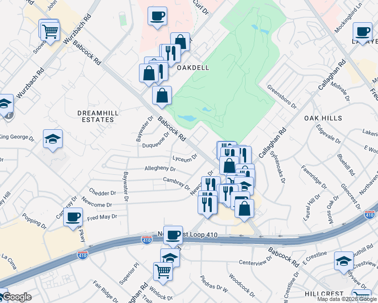 map of restaurants, bars, coffee shops, grocery stores, and more near 6806 Bender Drive in San Antonio