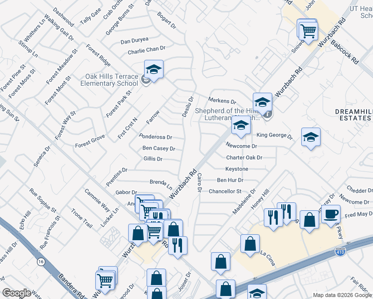 map of restaurants, bars, coffee shops, grocery stores, and more near 6714 Desilu Drive in San Antonio