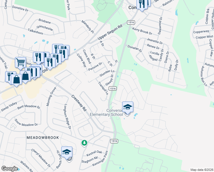 map of restaurants, bars, coffee shops, grocery stores, and more near 8810 Sleepy St in Converse